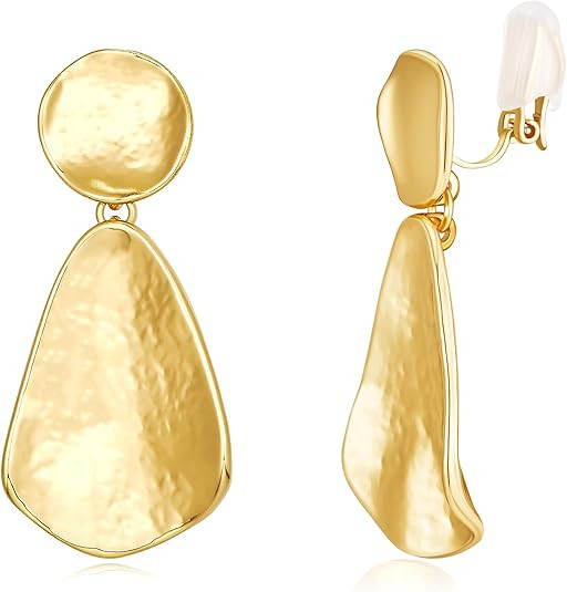 YUJIE Clip On Earrings for Women Dangle Hammered Geometric Earrings Gold Plated Jewelry | Amazon (US)