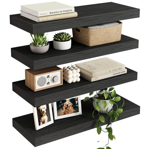 Fixwal Floating Shelves for Wall, Wall Mounted Rustic Wood Shelves for Bathroom, Living Room, Bedroom and Kitchen, Wall Shelves for Storage,Books,Room Decor (Black, Set of 4, 15.8 Inch) | Amazon (US)