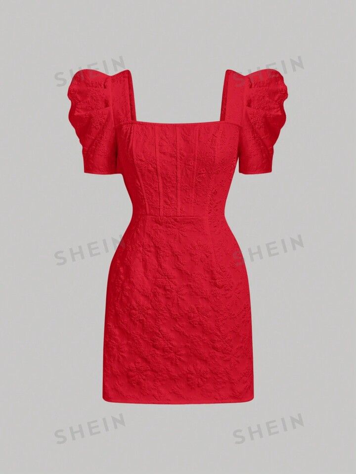 SHEIN MOD Square Neck Puff Sleeve Valentine's Day Red Short Dress | SHEIN