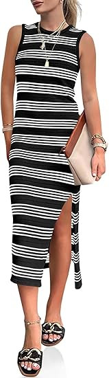 Wenrine Womens Summer Sundress Bodycon Midi Dress Sleeveless Casual Knit Striped Hollow Out Slit ... | Amazon (US)