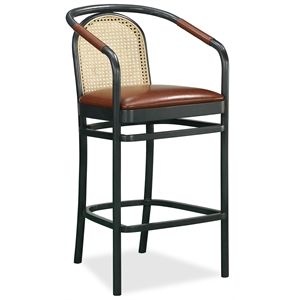 Bobby Berk Black and Brown Bar Stool with Rattan Mat Back and Vegan Leather Seat | Homesquare