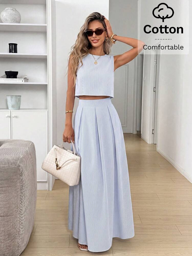 Easowa Women's Light Blue Round Neck Tank Top And Pleated Mini Skirt Casual Chic Elegant 2 Pieces Set 2 Piece Set Brunch Beach Tea Party Outfits For Women 2 Piece Women's Co-Ord Set Sleeveless Top Pleated Maxi Skirt Stylish Two Piece Outfit 2 Piece Outfits For Women Vacation Outfits Women Summmer | SHEIN
