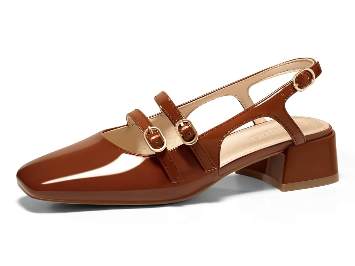 Coutgo Womens Mary Jane Chunky Low Heels Slingback Pumps Closed Square Toe Wedding Dress Shoes | Amazon (US)