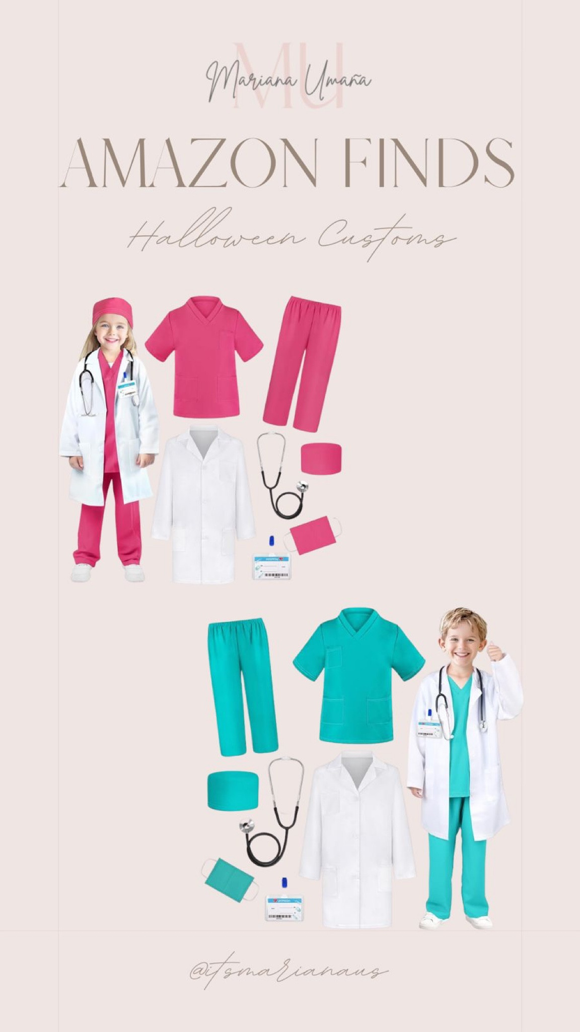 Doctor Costume for Kids! 

 Includes a kids scrub top, a pair of scrub pants, a surgical mask, a hat, a real stethoscope, and a doctor name tag. 

#LTKHalloween #LTKSeasonal #LTKKids