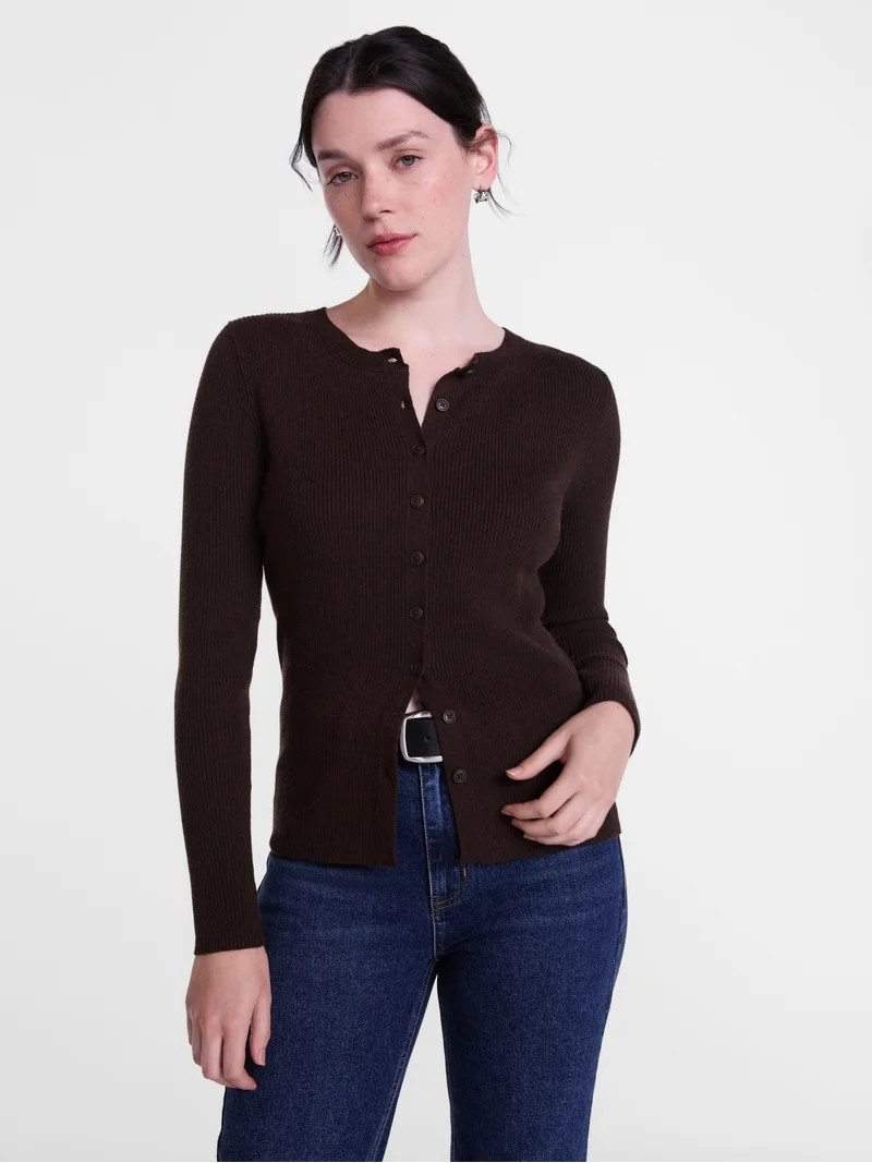 Scenario Women's and Women's Plus Ribbed Crewneck Cardigan Sweater, Lightweight, Sizes XS-4X | Walmart (US)