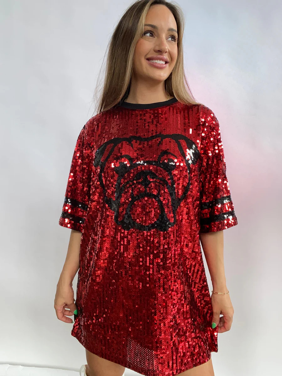 Sequin Bulldog T Shirt Dress- Red and Black | Willow Boutique