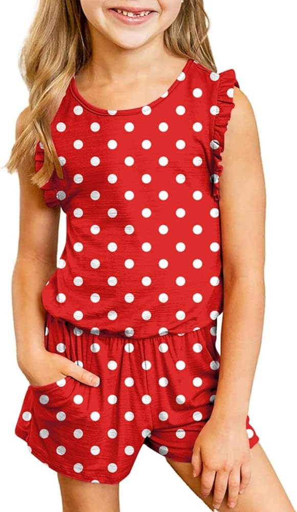 Girls Jumpsuits Rompers Ruffle Sleeve Romper Shorts with Pockets Summer One Piece Playsuit Outfits for Girl 6-13 Years | Amazon (US)