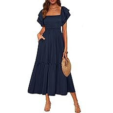 MASCOMODA Womens Summer Casual Midi Dress Square Neck Ruffle Short Sleeve Smocked High Waist A Li... | Amazon (US)
