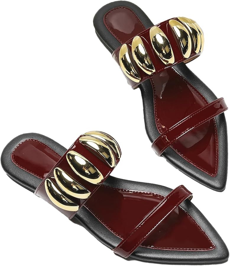 Women's Double Strap Flat Slides Sandals with metal decor Fashion Snake Print Pointed Open Toe Sl... | Amazon (US)