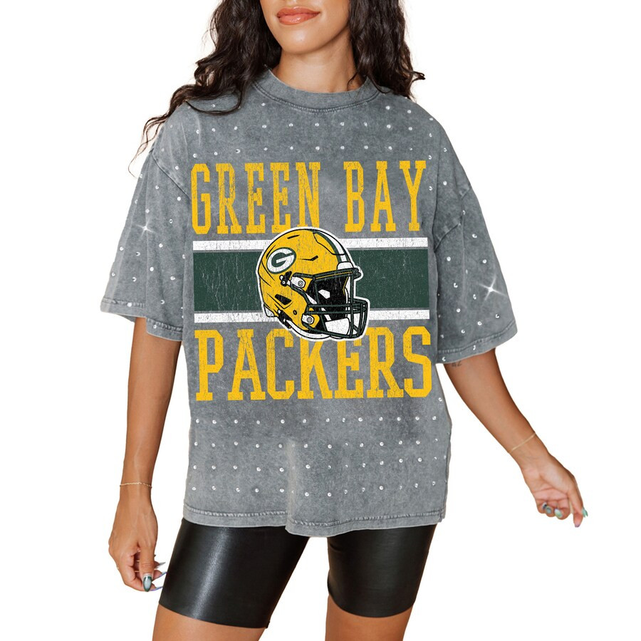 Green Bay Packers Gameday Couture Women's Oversized Mini Rhinestone Classic T-Shirt - Gray | Fanatics