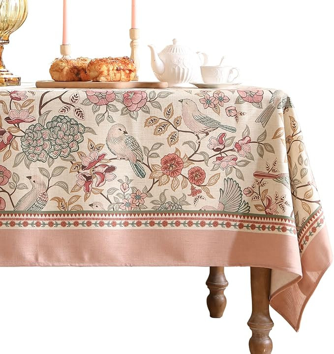 patdrea Designer Pink Linen Table Cloth for Rectangle Table,Vintage Floral with Birds Pattern Dec... | Amazon (US)