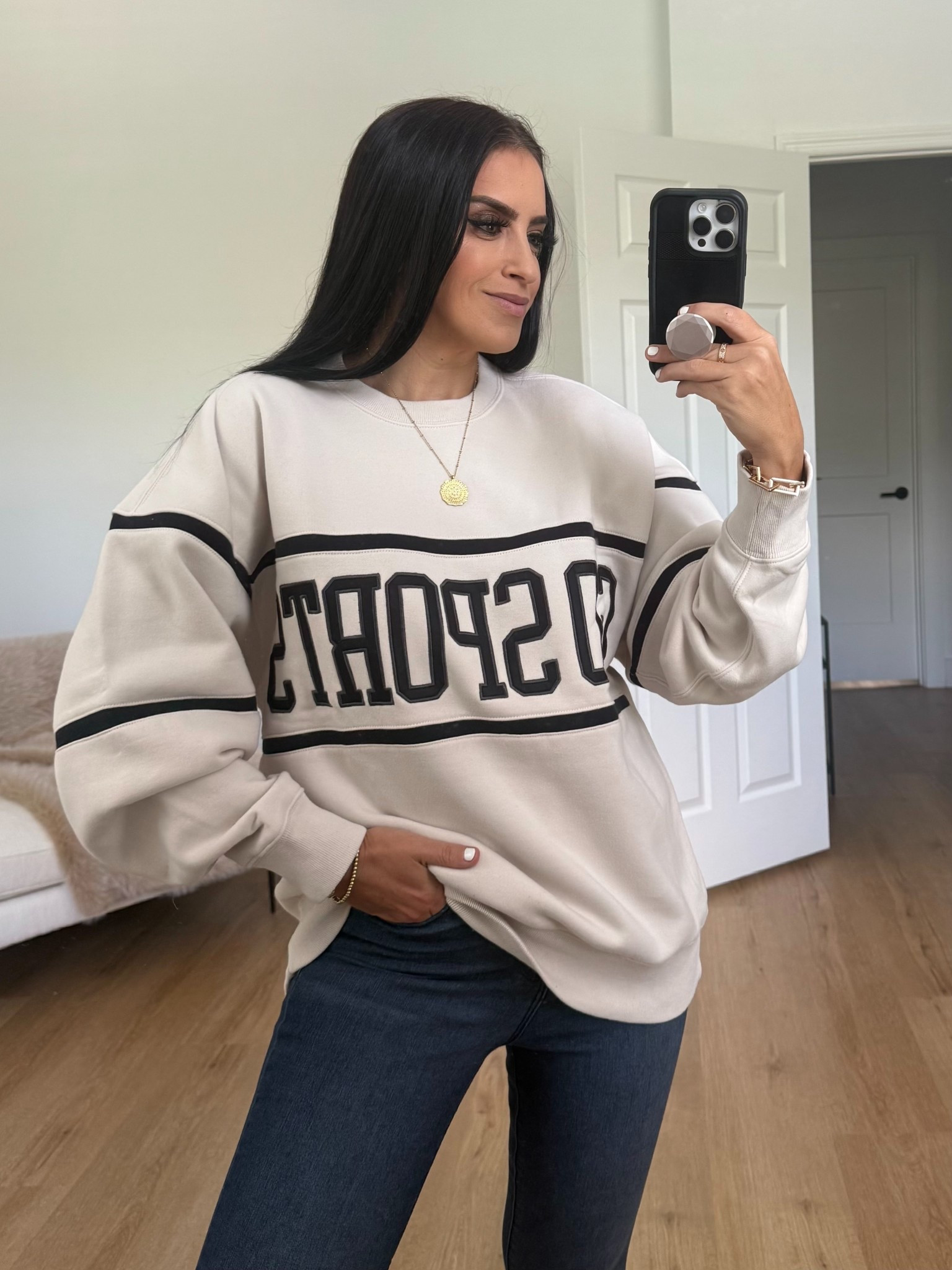 Go Sports Vintage Sunday Crew wearing size small. Walmart Sofia Vegara jeans