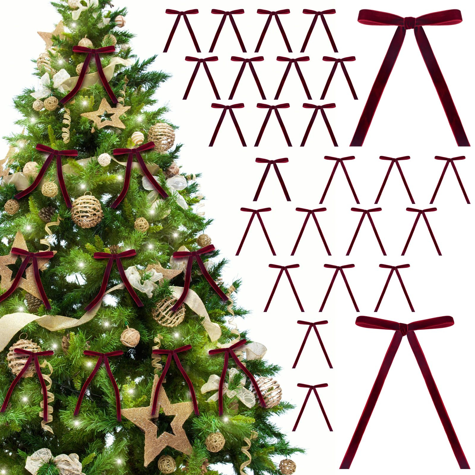 26 Pcs Burgundy Velvet Bows for Christmas Tree, Bow Ornaments for Christmas Tree Wreath Door Garl... | Amazon (US)