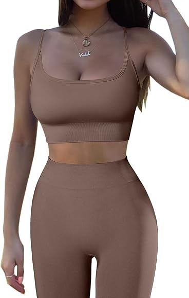 QINSEN Women 2 Piece Workout Outfits Sports Bra Seamless Leggings Yoga Gym Activewear Set | Amazon (US)