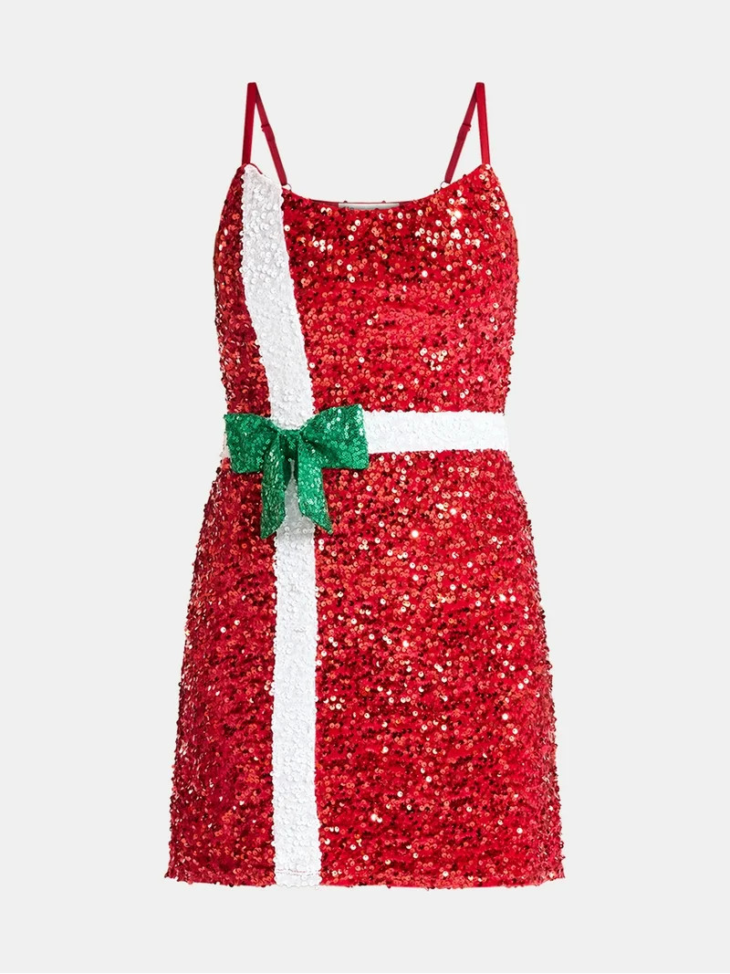 No Boundaries Christmas Present Sequin Mini Dress, Women’s | Walmart (US)