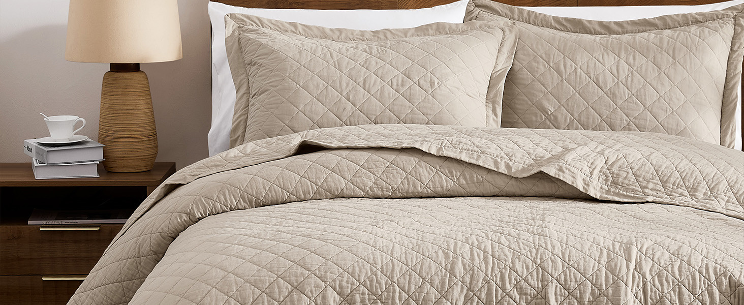 WDCOZY 100% Pre-Washed Cotton King Size Quilt Set - Beige Neutral Ruffle Box Soft Lightweight Bed... | Amazon (US)