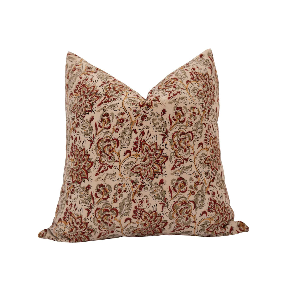 CHANDA Red Floral Pillow Cover Block Print Pillow Fall Floral Pillow Burgundy Floral Pillow Moder... | Etsy (US)