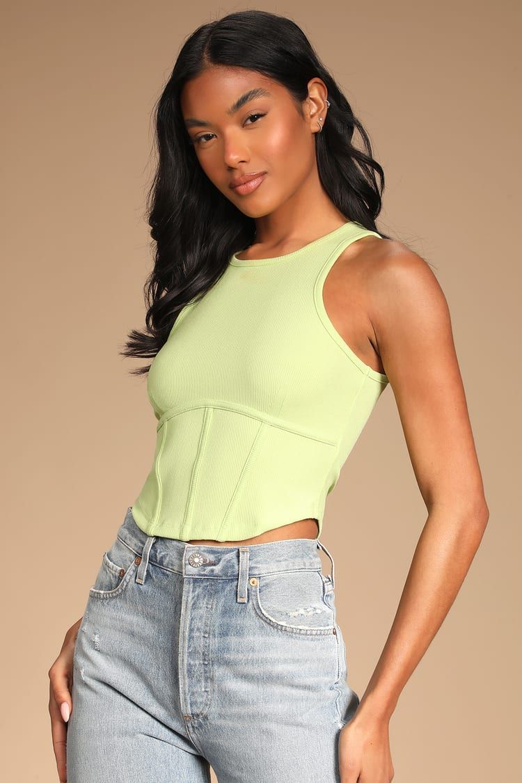 All For Me Lime Green Ribbed Corset Seam Sleeveless Crop Top | Lulus (US)