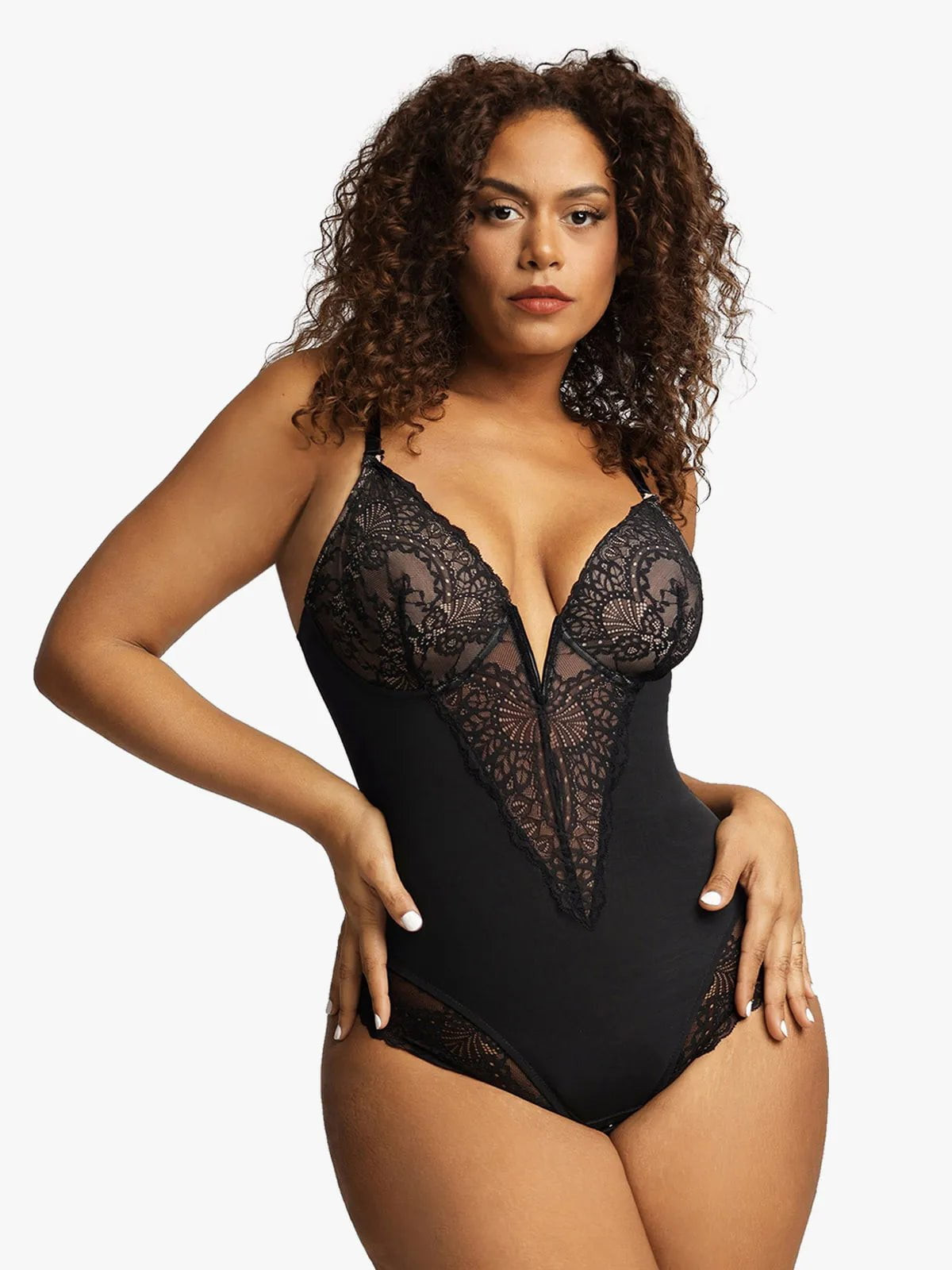 Shapewear Lace Deep V-Neck Sculpting Thong Bodysuit | Popilush