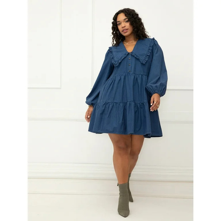 ELOQUII Elements Women's Plus Size Tiered Dress With Collar | Walmart (US)