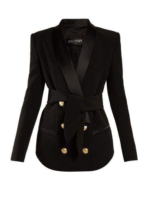 Balmain - Tie Waist Double Breasted Blazer - Womens - Black | Matches (US)