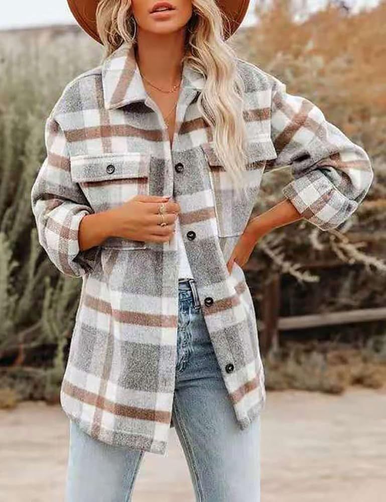 happlan Long Sleeve Casual Plaid Shacket Jackets Shirts Lapel Tweed Pea Coat for Women | Amazon (US)