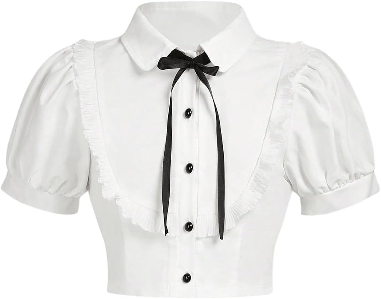 Verdusa Girl's Y2k Cinched Crop Blouse Tie Front Puff Sleeve Ruffle Button Down Collar Shirts | Amazon (US)