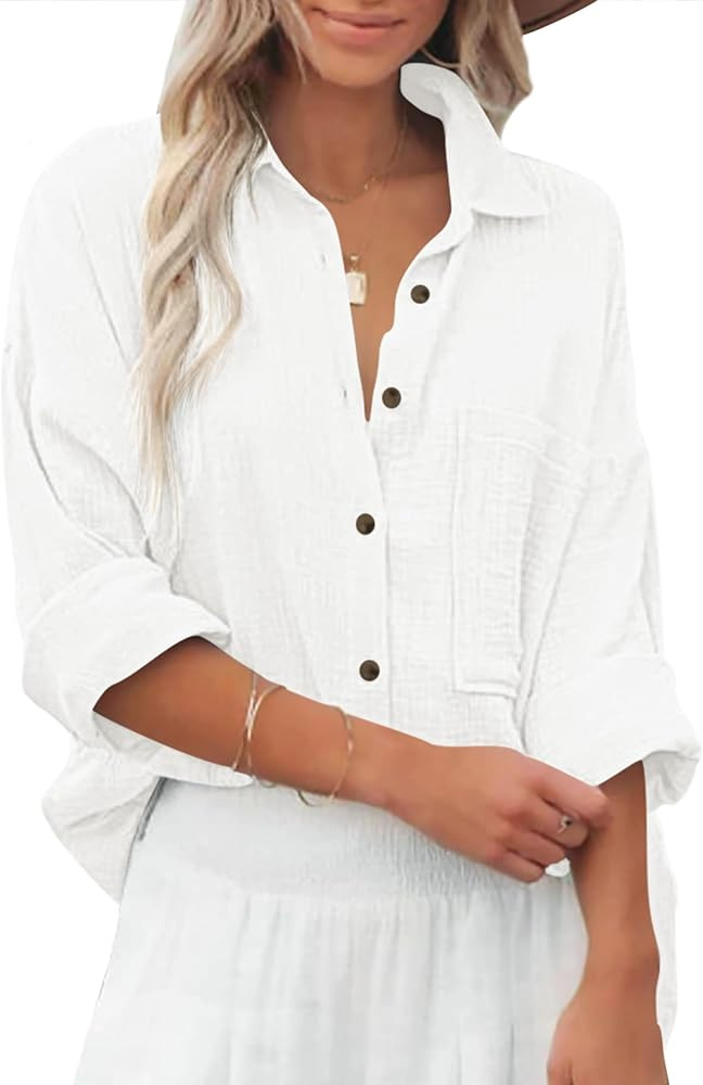 Diosun Womens Casual Button Down Shirts V Neck Long Sleeve Cotton Loose Fit Plain Work Blouse Top... | Amazon (US)