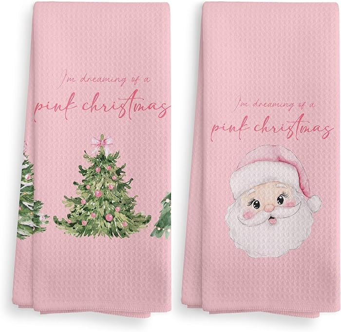Pink Bow Christmas Tree Santa Kitchen Towels and Dishcloths Set of 2, Christmas Preppy Girly Gift... | Amazon (US)
