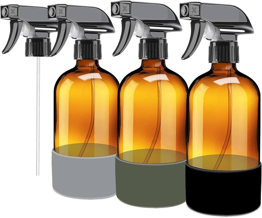 HOOPLE Amber Glass Spray Bottles with Silicone Sleeve 3PACK - Refillable 17oz Containers for Esse... | Amazon (US)