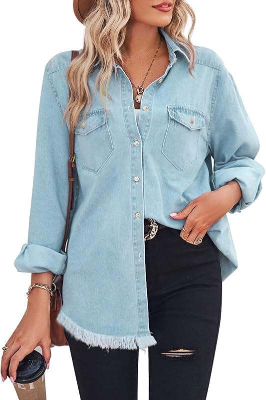 Women Denim Shirt Chambray Collared Jean Shirts Long Sleeve Pocket Button Down Blouses | Amazon (US)