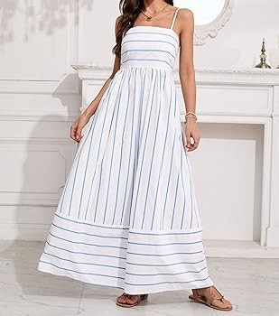 chouyatou Women's Striped Back Smocked Maxi Dress Sexy Spaghetti Strap Cut Out Flowy Swing Long D... | Amazon (US)