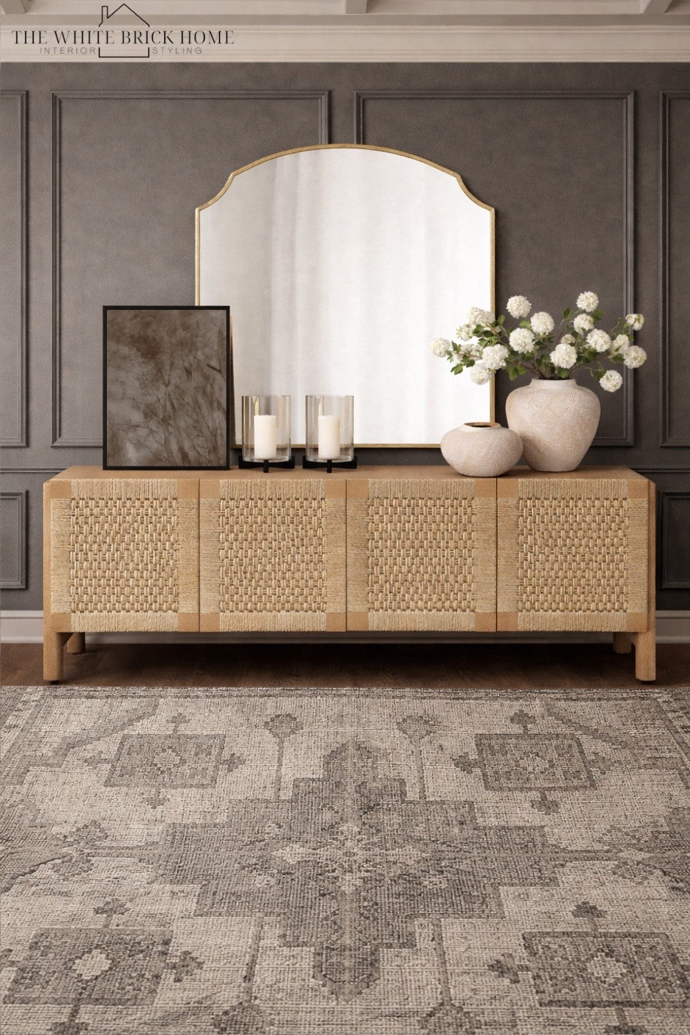 A beautifully styled buffet table for a textured, modern look in a dining space or entryway! 
🖤🖤
Buffet table, buffet cabinet, wall mirror, area rug, wall art, home decor, faux greenery, vases, hurricane candle, home decor, home design, vases pottery barn, pottery barn dining room, dining room furniture, dining room decor ideas, dining room area rug, pottery barn, crate and barrel 


#LTKSeasonal #LTKHome #LTKSaleAlert