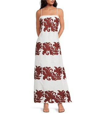 Le' AL.X Linen Embroidered Square Neck Sleeveless Spaghetti Strap Column Side Slit Maxi Dress | D... | Dillard's