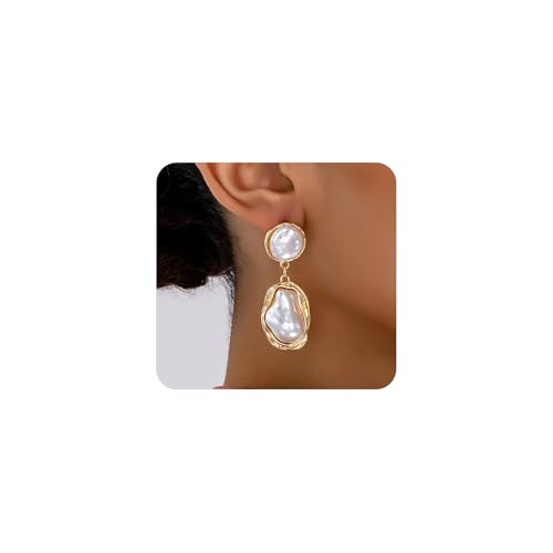 Gold Pearl Statement Earrings for Women,Vintage Large Baroque Pearl Dangle Drop Earrings,Trendy Formal Prom Party Bride Earrings for Wedding (Pearl) | Amazon (US)