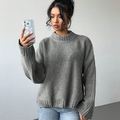 Women High Collar Plain Outging Casual Thick & Loose Floral Pattern Grey Knit Sweater, Autumn/Winter | SHEIN