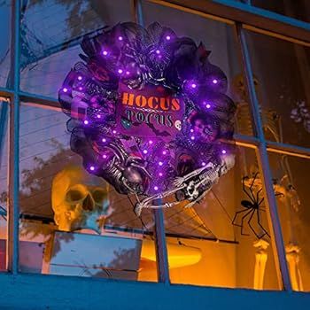 Sggvecsy Halloween Wreath 30 LED Purple Lighted Artificial Handmade Pumpkin Wreath Hocus Pocus Si... | Amazon (US)