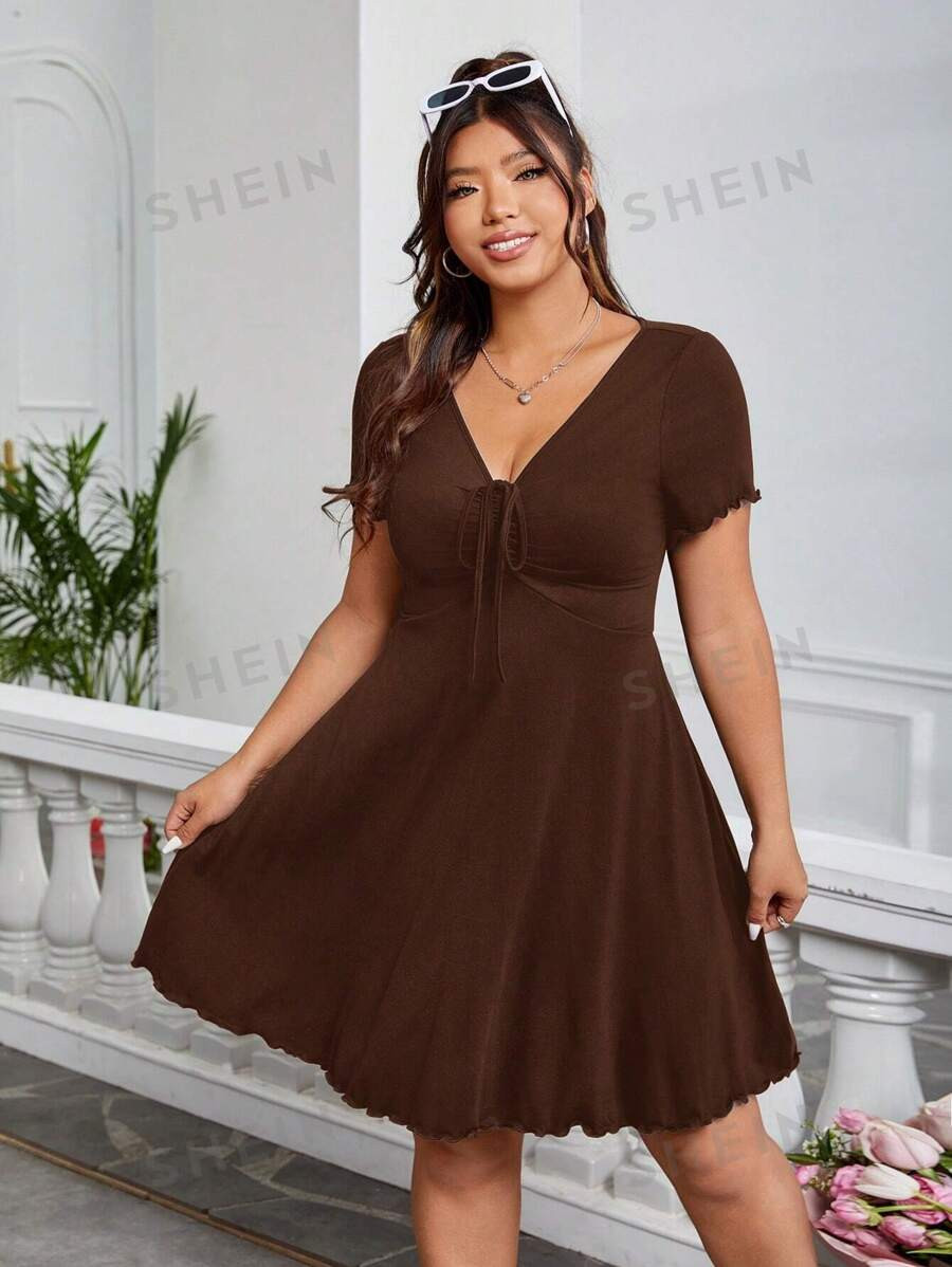 SHEIN EZwear Plus Size Brown Knitted V-Neck Dress | SHEIN