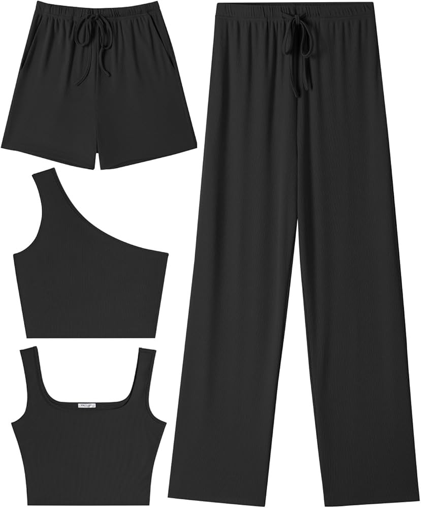 Ekouaer Womens 4 Piece Lounge Sets Ribbed Knit Crop Tank Top and Shorts Pants Casual... | Amazon (US)