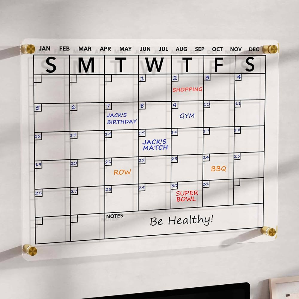 Wall Calendar (Not Magnetic), Clear Acrylic Monthly Planner White Board Dry Erase Whiteboard, w/ 8 Colors Markers, 15"x11" | Amazon (US)
