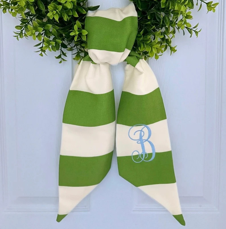 Spring Green Stripe Monogram Wreath Sash for Front Door, Personalized Embroidered Easter Wreath S... | Etsy (US)