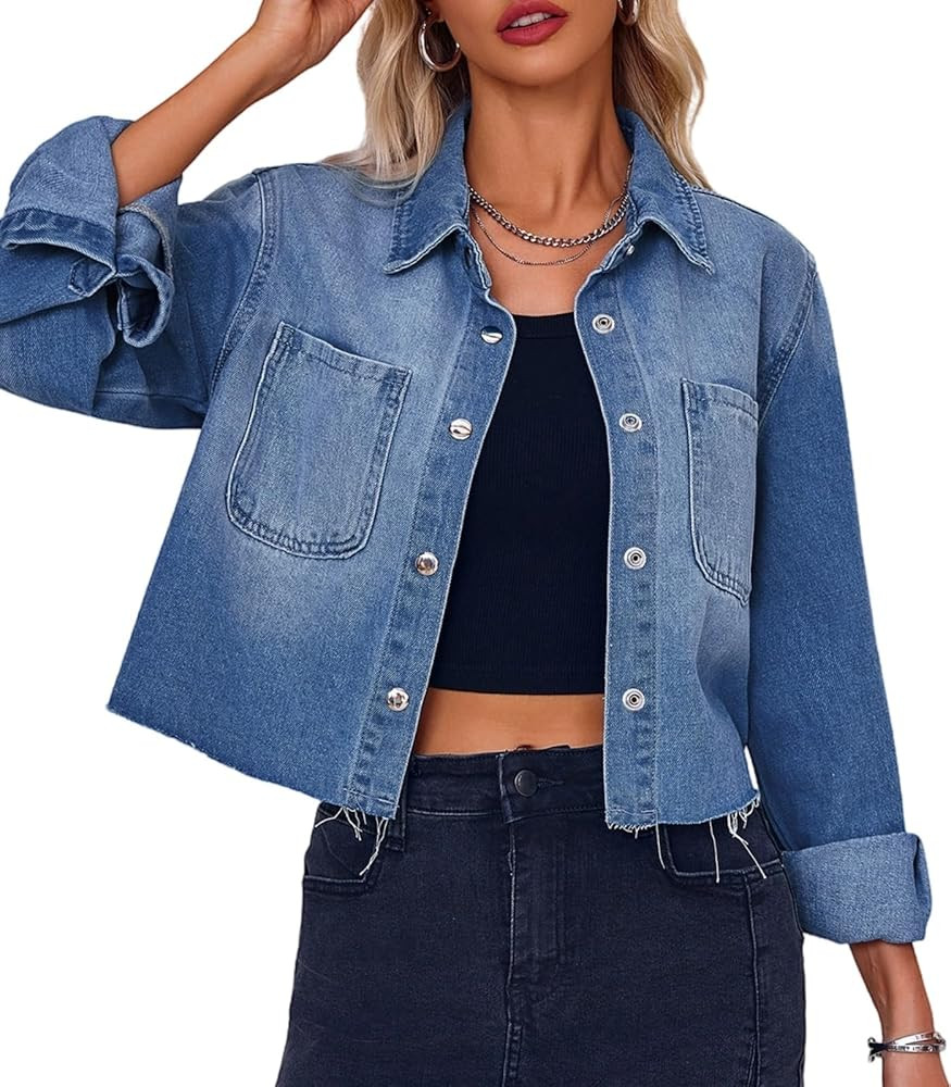 PLNOTME Womens Cropped Denim Jackets Long Sleeve Button Down Raw Hem Casual Jean Shirts | Amazon (US)