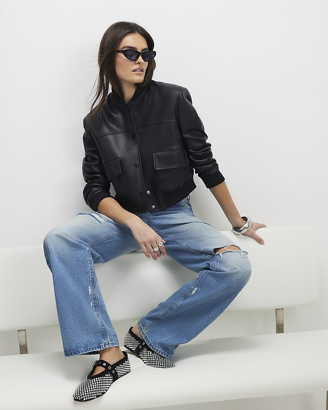 Black Faux Leather Cropped Bomber Jacket | River Island UK & IE