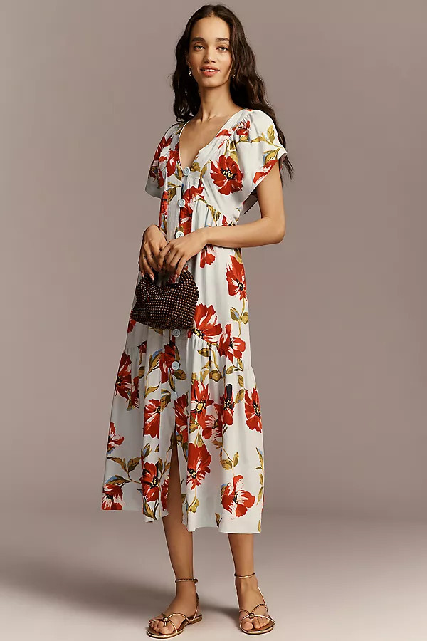 The Reneé Flutter-Sleeve Linen Button-Front Midi Dress | Anthropologie (US)