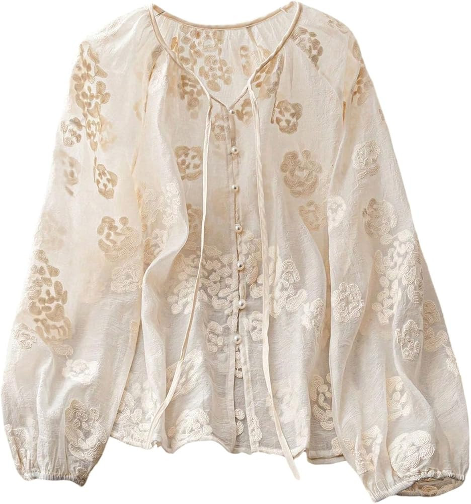 GORGLITTER Women's Plus Size Boho Tops Floral Embroidery Peasant Blouses Long Sleeve Tie Front Bu... | Amazon (US)