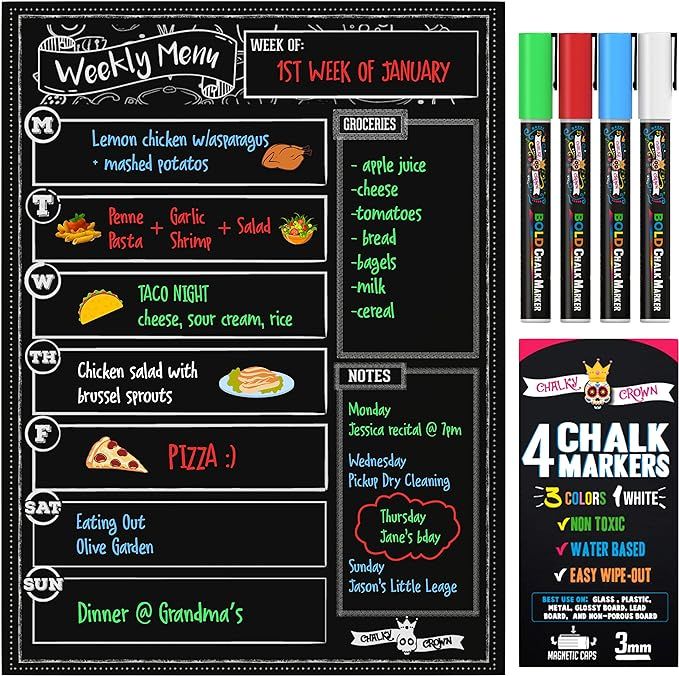 Magnetic Dry Erase Menu Board for Fridge Includes 4 Liquid Chalk Markers - Weekly Meal Planner Bl... | Amazon (US)