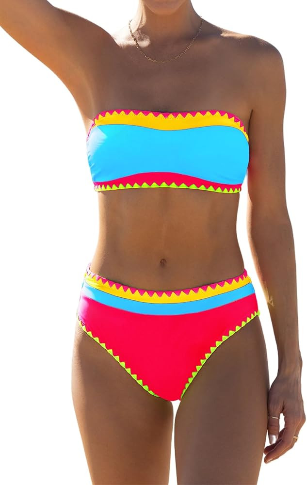 popvil Bikini Sets for Women Bandeau Swimsuits Strapless Two Piece Bathing Suits Neon Swimwear fo... | Amazon (US)
