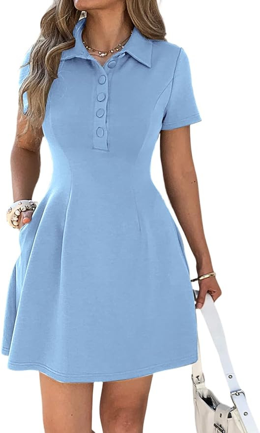 Mieazom Women's Polo Collared Button Down A Line Flare Mini Dress Summer Short Sleeve Lapel V Nec... | Amazon (US)