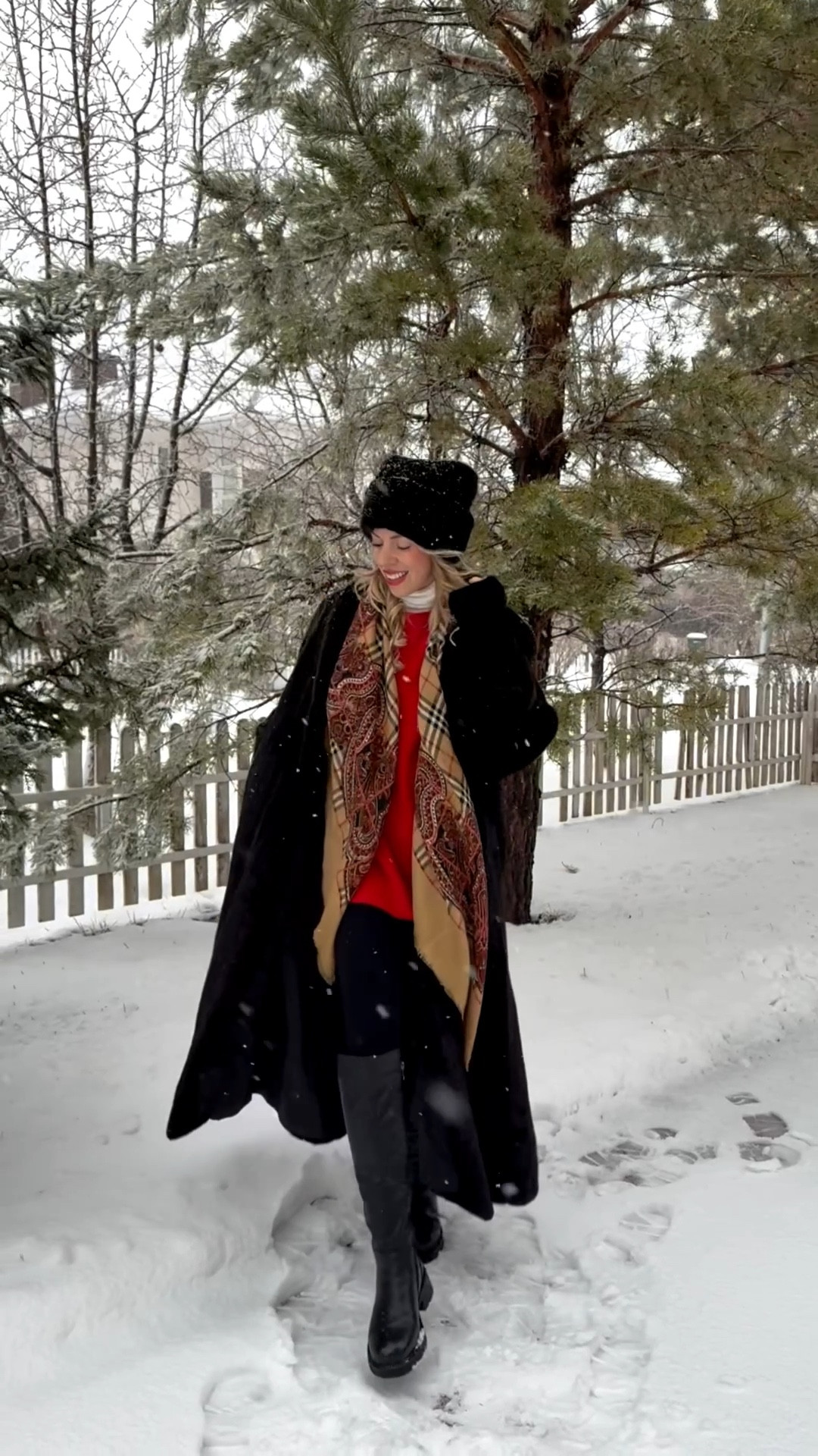 Holiday festive outfit, black vintage fur coat, plaid Burberry scarf, red sweater, Spanx leggings, black lug sole riding boots, fur hat, vintage mink coat

#LTKFindsUnder100 #LTKSeasonal #LTKHoliday