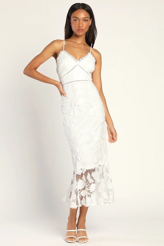 Alluring Dream White Floral Mesh Lace Trumpet Midi Dress | Lulus (US)
